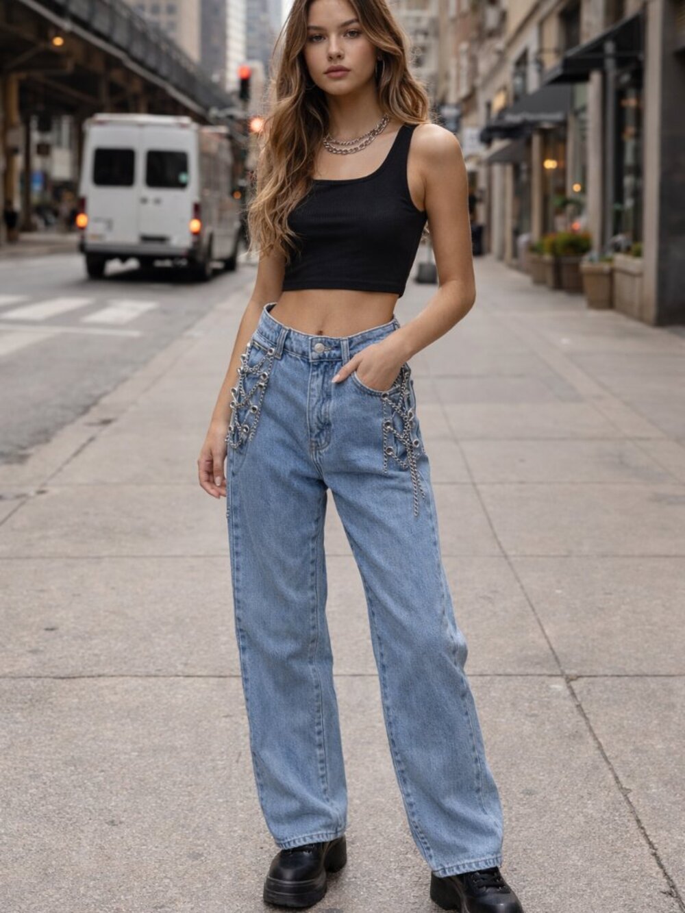 Light Wash Chain Side Detail Straight Leg Jeans